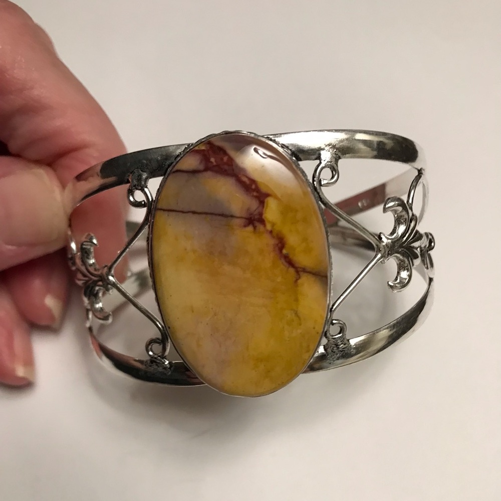 Mookaite Jasper Stamped 925 Sterling Silver Cuff Bracelet